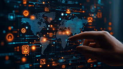 a hand points to a digital world map . Holographic screens show graphs, emphasizing advanced tech in global trade and interconnected business environments.