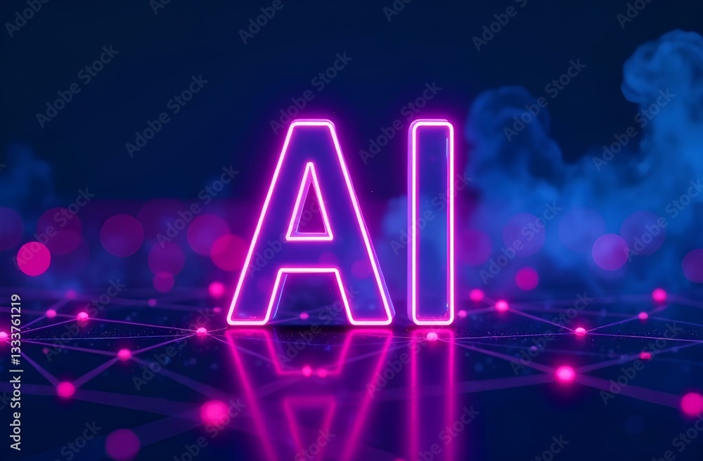 Poster glowing color ai text with a futuristic and digital aesthetic, illuminated in a dark setting. a bann