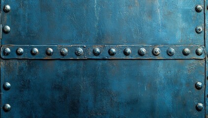 Aged, textured, deep blue metal panel with rivets