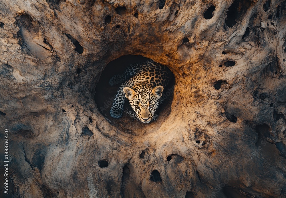 Poster leopard resting in a natural hollowed tree trunk surrounded by earthy textures and patterns of natur