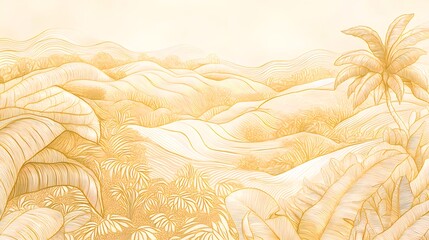Golden Hills Tropical Landscape with Palm Tree