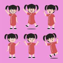 Cute Chinese Girl Cartoon Character Collections Set