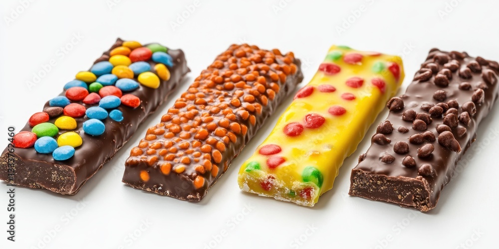Poster snack bars variety: a tempting arrangement of various snack bars, adorned with an array of toppings,