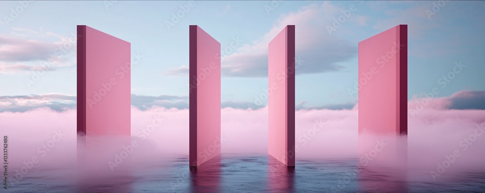 Poster an infinite horizon dissolving into a cascade of liquid light, iridescent clouds reflecting surreal 
