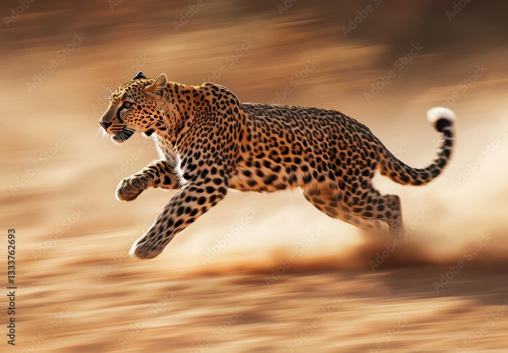 Poster leopard running swiftly across sandy terrain in motion under bright sunlight with blurred background