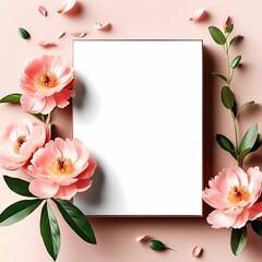 Soft blush tones create a serene backdrop, with vibrant pink peonies and lush green leaves surrounding an inviting blank space for personal notes and artistic expressions Generative AI
