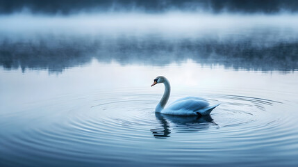 Fototapeta premium Experience quiet beauty of mist-covered lake where a lone swan drifts peacefully creating delicate ripples in glassy surface of dawn-lit water