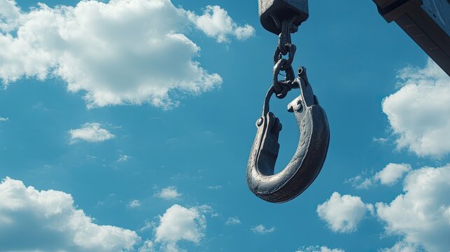 Heavy Metal Hook Suspended Against Blue Sky and Fluffy Clouds