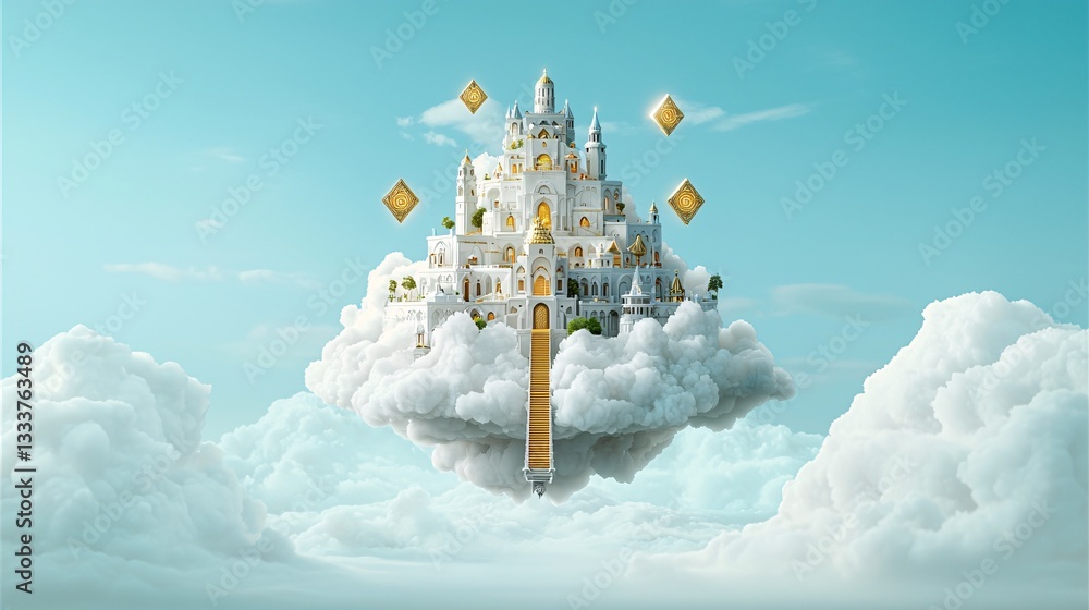 Poster a floating temple suspended in an infinite sky, shifting clouds glowing with surreal hues, golden st