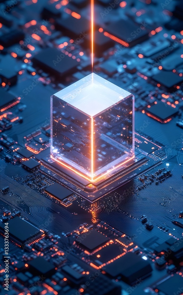 Poster glowing cube on circuit board abstract technology image