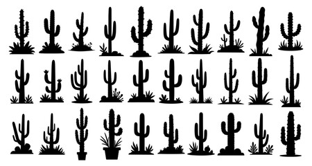 Desert cactus silhouette collection featuring saguaro and succulent varieties with different shapes and sizes for southwestern design and decoration