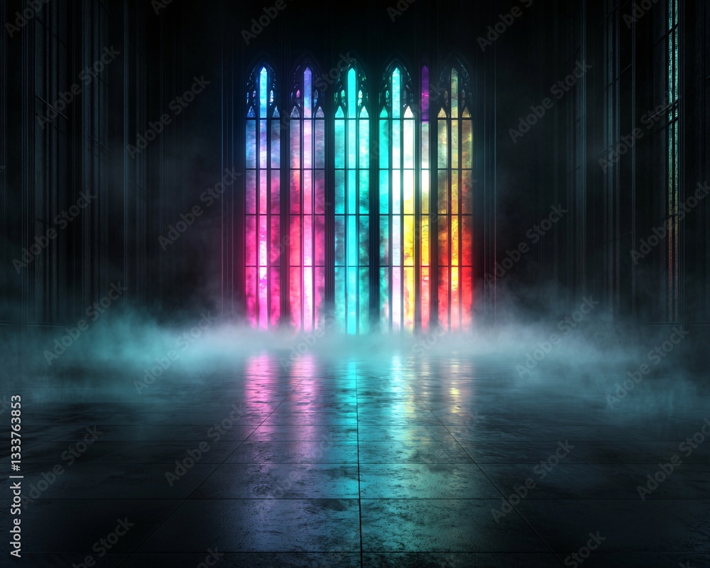 Poster a cosmic cathedral floating in the void, intricate stained glass windows casting multicolored reflec