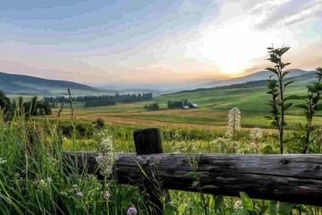 A Scenic View Of A Countryside Farm At Sunset, With Golden Fields Stretching Towards The Horizon