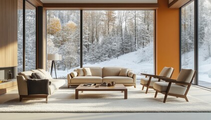 Modern living room with snow-covered winter view