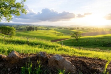 Obraz premium A Scenic View Of A Countryside Farm At Sunset, With Golden Fields Stretching Towards The Horizon