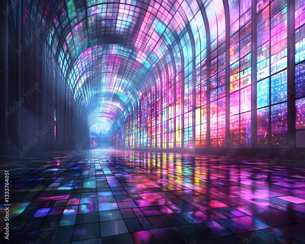 Poster a cosmic cathedral floating in the void, intricate stained glass windows casting multicolored reflec