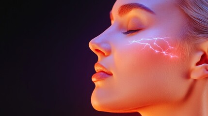 Close up of a woman’s face with glowing light streaks across her features symbolizing brain activity and digital neural network connectivity in a modern artistic portrait