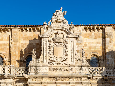 Exterior facade of the Basilica of San Isidoro, approximately 11th century, in the city of Leon, Spain
