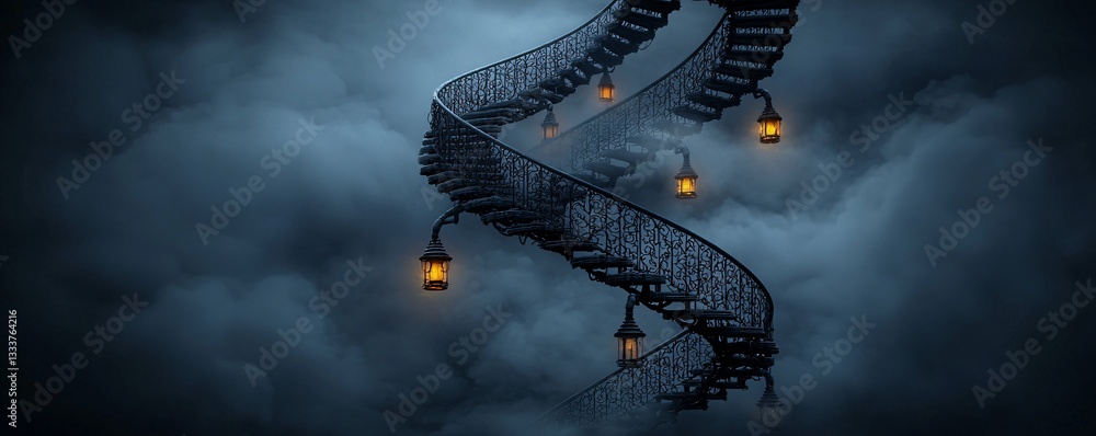Poster an endless staircase spiraling into a celestial void, floating lanterns illuminating the ascent, sof