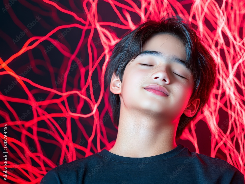 Poster boy with glowing abstract patterns surrounding his face, signifying the intersection of technology, 
