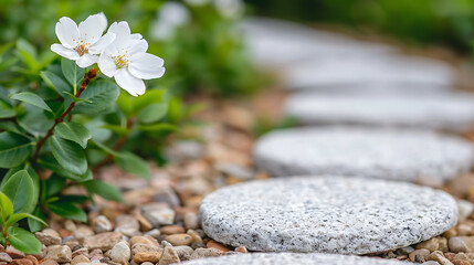 Fototapeta premium Serene Garden Path with White Blossoms