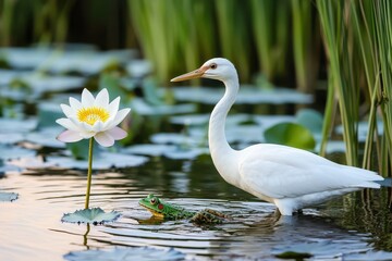 Biome Diversity, A white bird stands by a blooming lotus flower in a serene water setting.