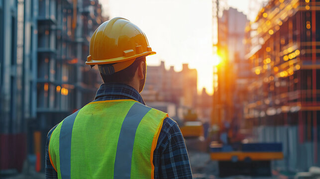 Construction worker reviewing blueprint on construction site with safety helmet and vest. AI Generated Images