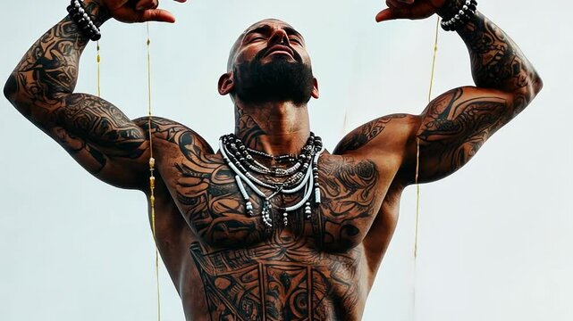 Power and Control: A muscular man, adorned with intricate tattoos and jewelry, is manipulated by unseen strings, symbolizing influence and power.