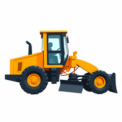 Yellow road grader operating on a white background, construction efficiency
