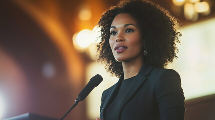 Professional woman in classic suit giving a speech at a business conference with a serious expression. 