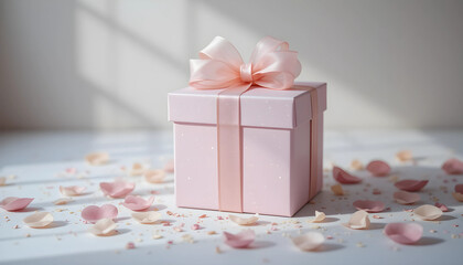 A beautiful pink gift box, tied with a delicate pink ribbon, sits amidst scattered rose petals on a white surface.