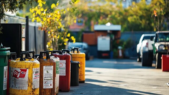 Dangerous Goods Storage: A row of hazardous material containers, with warning labels, on the background of vehicles, emphasizing the seriousness of industrial safety protocols.