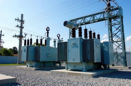 Electrical substation equipment with transformers in outdoor industrial setting
