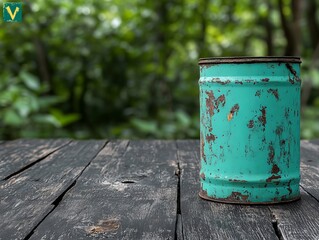 A rusty metal can sitting on top of a wooden table