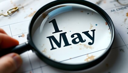 May calendar and magnifying glass highlighting Labour Day, presented with a light background
