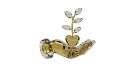 Isolated Delicate Hand Presenting Golden Heart-Shaped Sprout, Symbolizing Fostering Growth and Charitable Nurturing