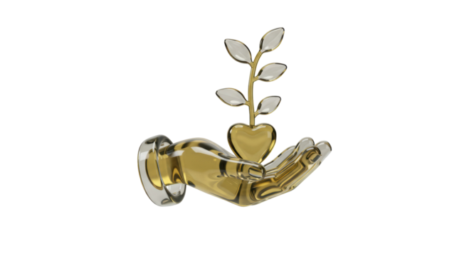 Isolated Delicate Hand Presenting Golden Heart-Shaped Sprout, Symbolizing Fostering Growth and Charitable Nurturing