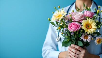 Female doctor in scrubs holding flowers, set in a hospital, commemorating National Nurses Day and healthcare contributions