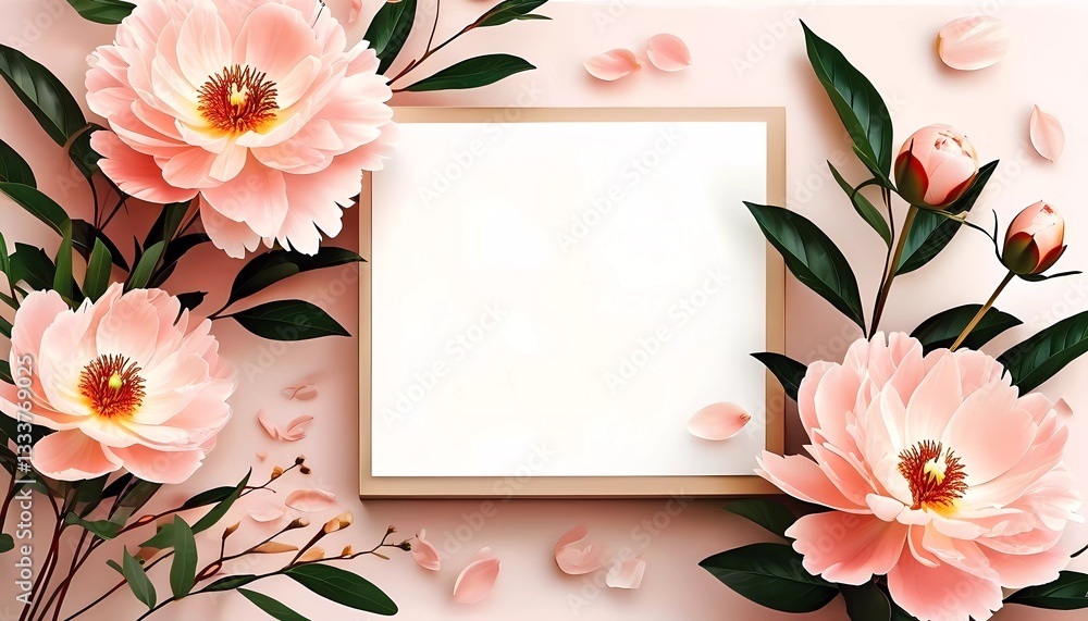 Poster soft pink peonies cascade gracefully around an empty postcard space, inviting personal messages and 