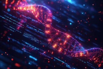Obraz premium A vibrant, digital representation of DNA, showcasing intricate patterns and glowing elements against a dark background, symbolizing genetic research and technology.