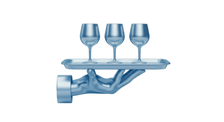 Isolated Polished Silver Tray Conveying Three Flawless Glasses, Symbolizing Superb Service and Generous Hospitality