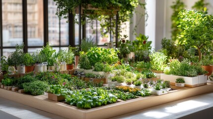 Obraz premium Lush Indoor Herb Garden with Diverse Plants in Stylish Planters