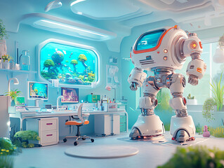 Naklejka premium 3D cute robot in futuristic high-tech lab.