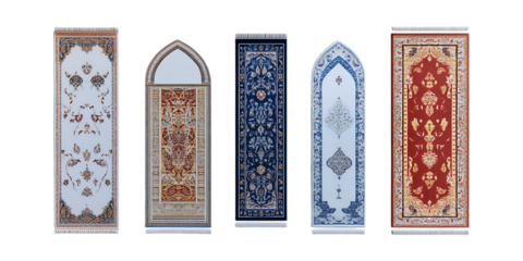 Five long ornamental prayer rugs featuring traditional Islamic architecture designs isolated on a transparent background for marketing.