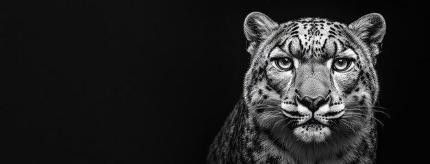 Majestic Black and White Portrait of a Powerful Leopard Against a Dark Background Capturing the Essence of Wild Nature and Untamed Beauty
