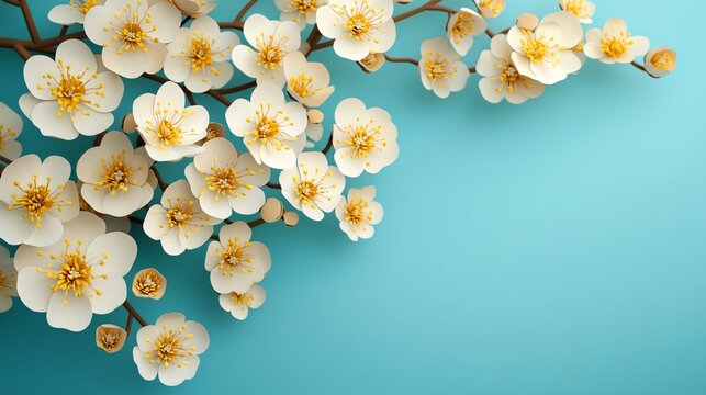 A vibrant close-up of yellow and white flowering branches on a light turquoise backdrop, perfect for spring sale promotions and event banners.