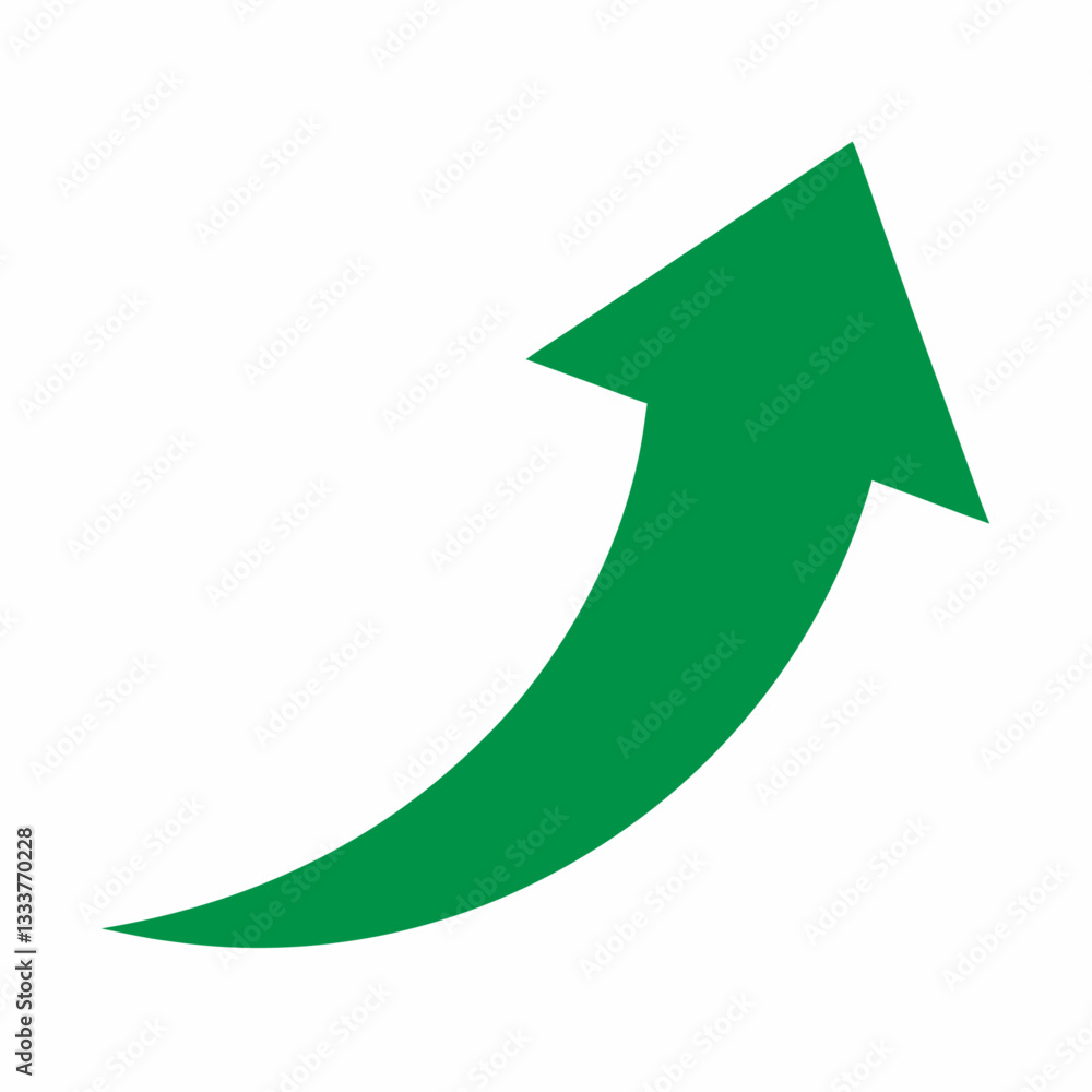 Poster single upward green arrow with a sleek curve and solid fill for dynamic motion. 3d green arrow. gree