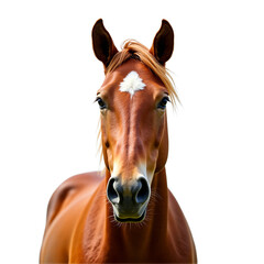 Horse head close up isolated on white. Chestnut horse portrait, inquisitive expression, frontal view. Gentle equine, white star. Isolated on transparent background. Pet, nature, animal themes.