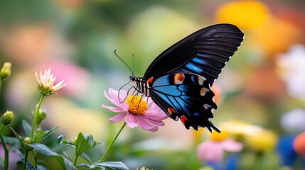 Vibrant Butterfly Perched on Flower Amid Colorful Garden Background