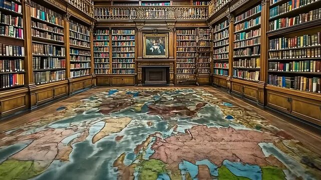 A grand library with a world map carpet, showcasing shelves of books and a classic painting in the background